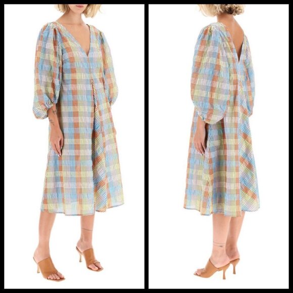 💕GANNI💕 Seersucker Check Dress ~ Midi Tent Plaid Picnic Balloon Sleeve Size 40 - Picture 5 of 16
